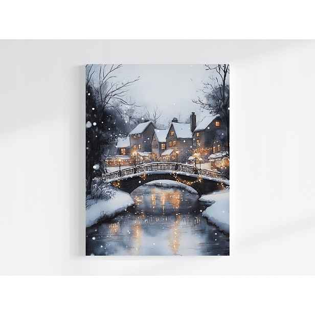 Obraz Na Plátně Canvas Krajina Městečko Řeka Domy Most Zima Sníh 60x80