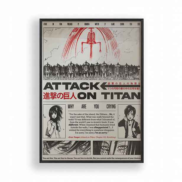 Obraz Útok titánů Attack On Titan Plakát Rámeček Dřevěný Černý 30x42 cm