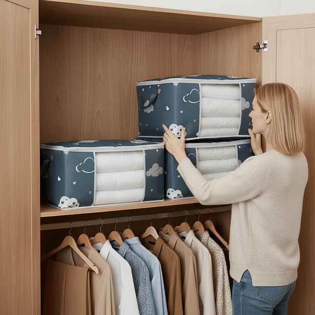 TEMU Sada 3 úložných boxů na přikrývky, extra velká úložná taška se zipem a úchytem, organizéry na zavazadla z netkané textilie s viditelným okénkem,