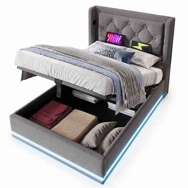 CHICFURN ČALOUNĚNÁ POSTEL 90/200 cm v šedé barvě s úložným prostorem, LED, USB a Type-C