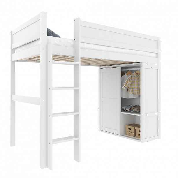 OKWISH VYSOKÁ dětská postel 90/200 cm bílá s šatní skříní a úložným prostorem z borovice a MDF
