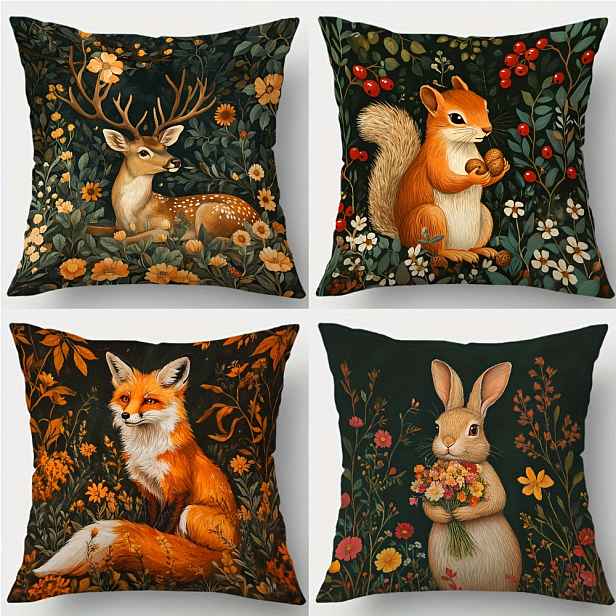 TEMU Sada 4 potištěných obalů s zvířat ve vintage přírodním stylu. Designy zahrnují jeleny, veverky, lišky, králíky, květiny, rostliny a bobule.