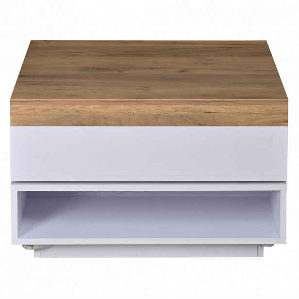 OKWISH KONFERENČNÍ stolek 65/65/40 cm bílá a dubový dekor z MDF s LED a otočnou deskou