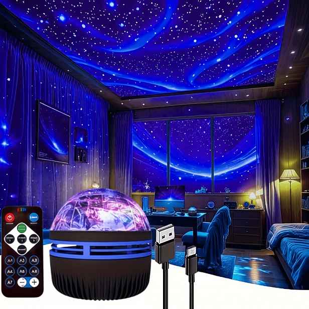 TEMU Sada 3 ks (černé USB projektorové světlo s aurora efektem + USB kabel + multifunkční dálkové ovládání), ideální pro vytvoření atmosféry a