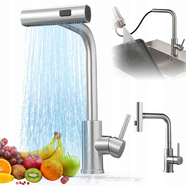 Vysoká Kuchyňská Dřezová Baterie S Vytahovací Sprškou Ocel Inox