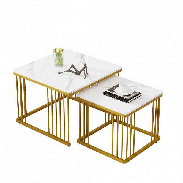 OKWISH KONFERENČNÍ stolky 60/60/45 cm bílé z MDF v mramorovém vzhledu zasouvací 2 ks