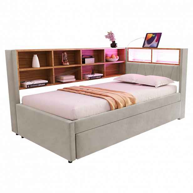 CHICFURN ROZKLÁDACÍ POHOVKA 90/200 cm & 90/190 cm ve světle šedé látce s LED, USB a policemi