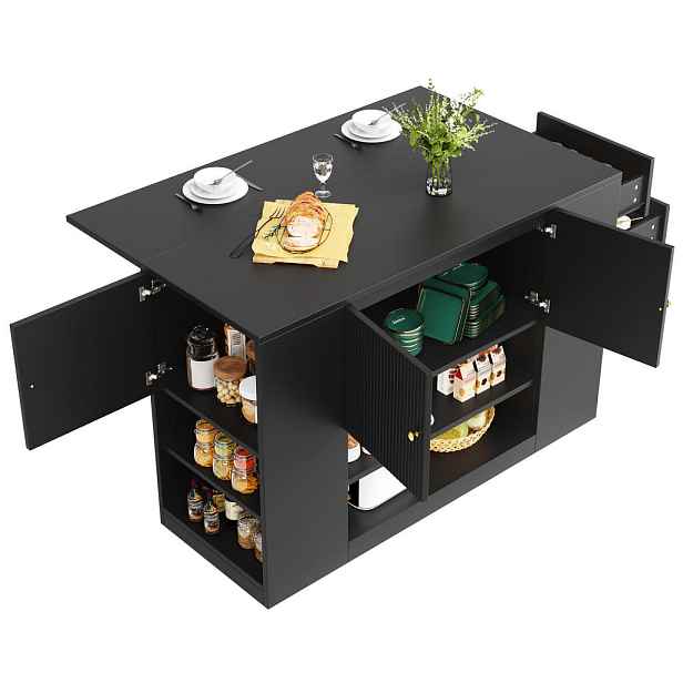 EVRYAE KUCHYŇSKÝ OSTRŮVEK se sklopnou stolovou deskou zásuvkami policemi Černá 140/40/90 cm