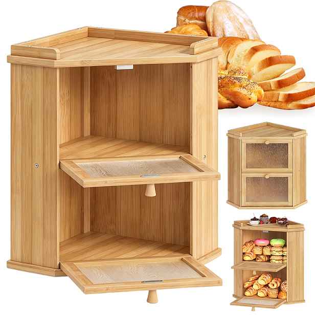 Rohový dvoupatrový chlebník z bambusu na kuchyňskou linku