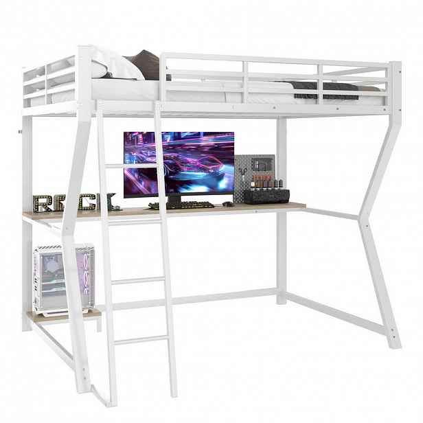 Redom VYSOKÁ postel 90/200 cm z kovu a MDF s LED osvětlením, psacím stolem, zásuvkou USB a schodištěm, Bílá