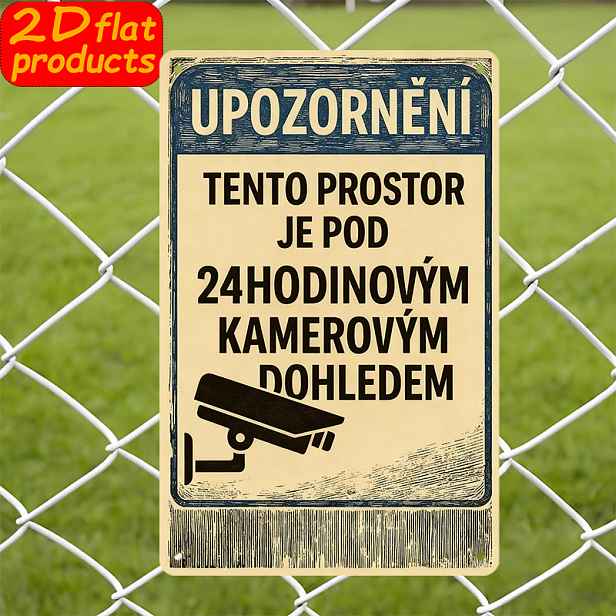 TEMU 2D Plochý, 2D/Plochý, 1 ks, Český text „Tato oblast je pod 24hodinovým dohledem“ s designem bezpečnostní kamery, 20x30cm venkovní cedule,