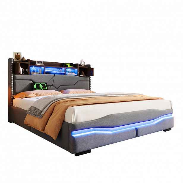 Redom ČALOUNĚNÁ postel 160/200 cm s LED osvětlením, USB a USB-C nabíjením, hydraulickým úložným prostorem, Šedá