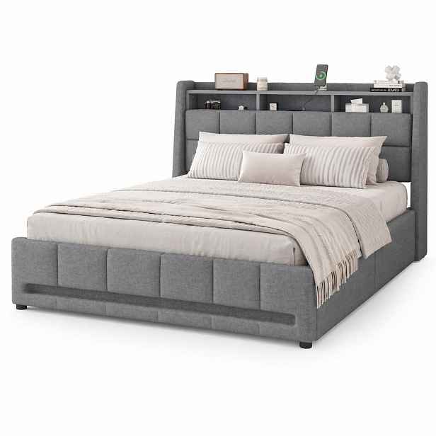 CHICFURN ČALOUNĚNÁ POSTEL 140/200 cm v šedé barvě se 2 zásuvkami, LED, USB a lněnou látkou