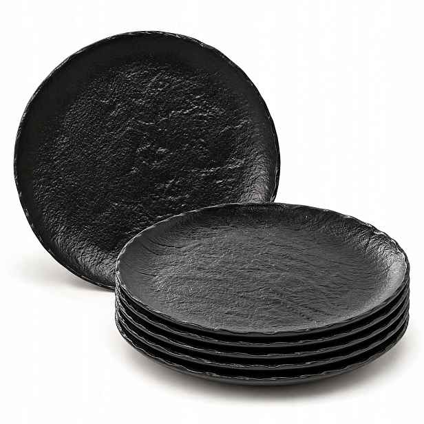 6 x Obědové talíře na pizzu 33 cm Wilmax Porcelánové Černé Kamenný Vzor