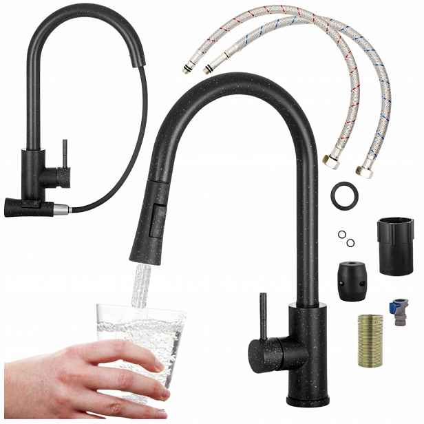 Kuchyňská baterie s vytahovací sprškou Kuchyňský kohout Taru Slim Černý Granit