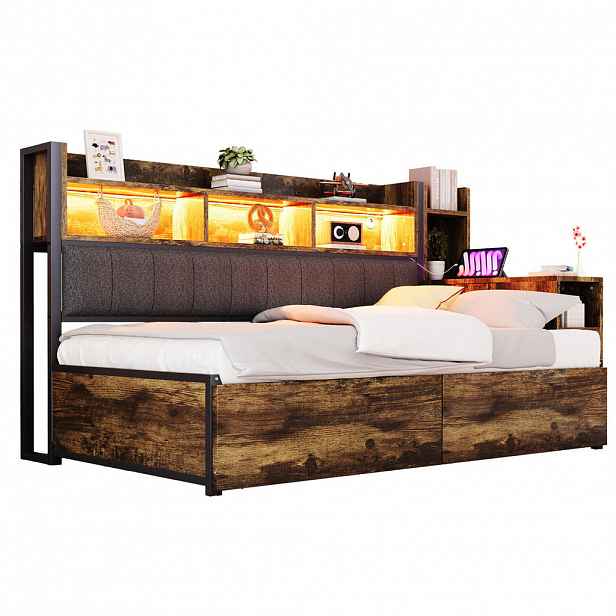 CHICFURN KOVOVÁ POSTEL 90/200 cm v bílé a přírodní barvě s výsuvným stolem a úložným prostorem