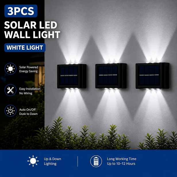 TEMU 3ks Solární venkovní nástěnná svítidla, dvojité osvětlení nahoru a dolů, 6 LED světel, solární dekorativní svítidla pro dvůr, terasu, balkon,