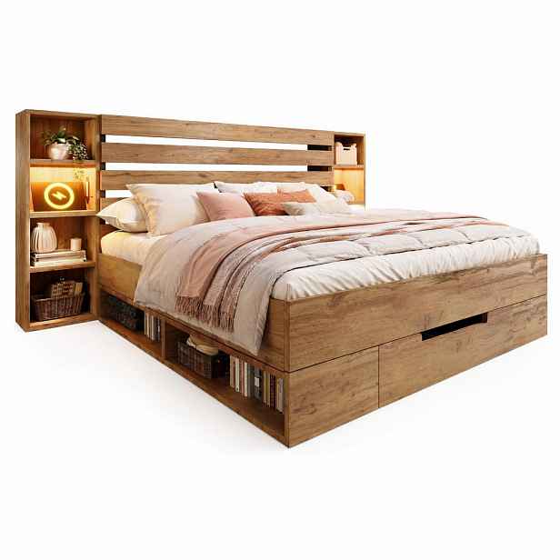 CHICFURN POSTEL 180/200 cm v dubové barvě s LED, USB, Type-C a zásuvkami