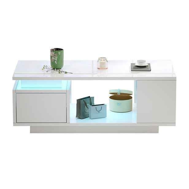 EVRYAE KONFERENČNÍ STOLEK s LED páskem a úložným prostorem, Bílá, 100/50/36 cm / MDF + vysoký lesk
