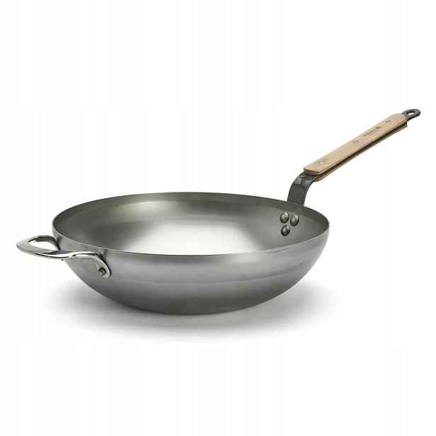 Wok de Buyer Mineral B Bois 32 cm ocel, uhlíková rukojeť, bukové dřevo