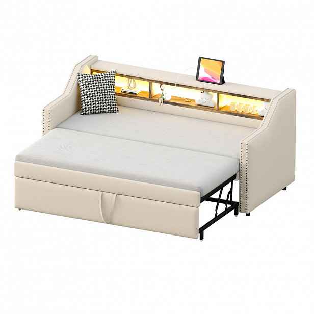 Redom POSTEL 90/180x190 cm s výsuvným lůžkem, LED osvětlením, USB a úložnými kapsami, Béžová