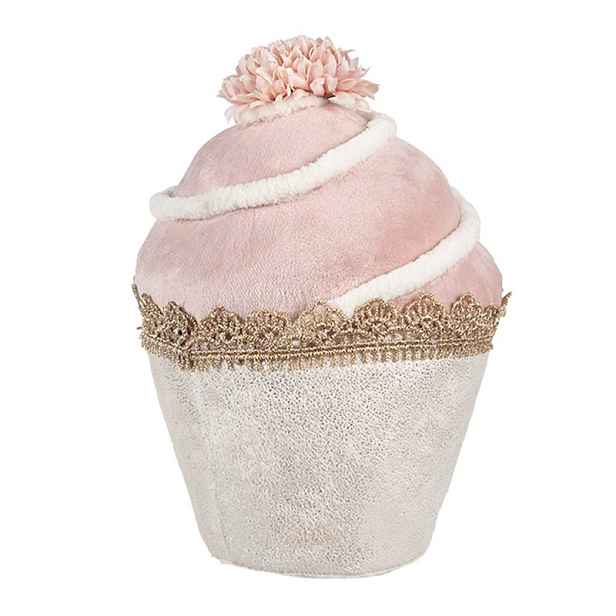 Dekorace růžový sametový dortík Muffin pink Fancy - Ø 11*16 cm Clayre & Eef