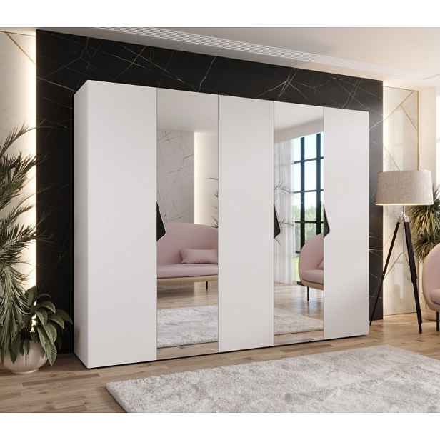 Široká šatní skříň 250 cm AMARIS 2 se zrcadlem - bílá / černé úchyty