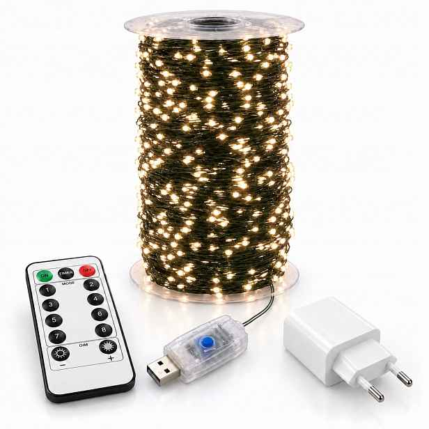 Vánoční Osvětlení Na Stromeček 1000 Led 100 m Bílé Teplé Drátek dálkové ovládání Usb časovač
