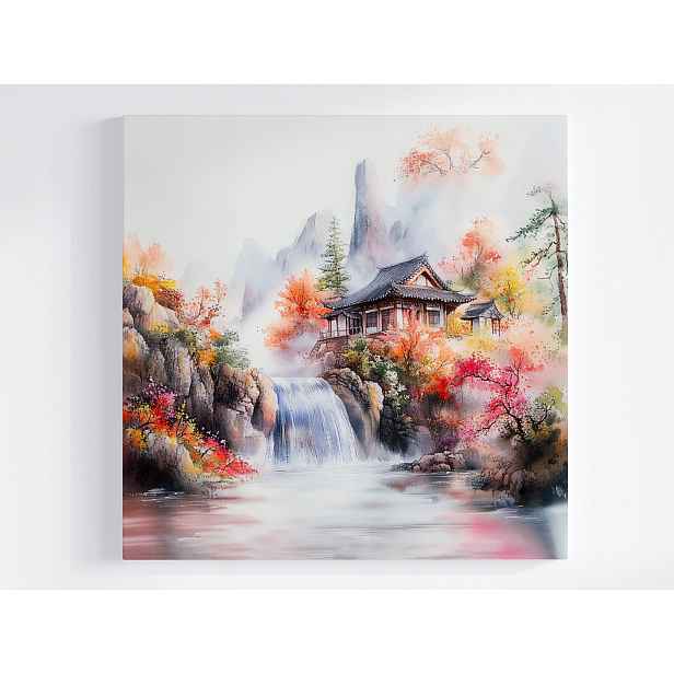 Obraz Na Plátně Canvas Krajina Orient Asie Japonsko Hory Vodopád Dům 50x50