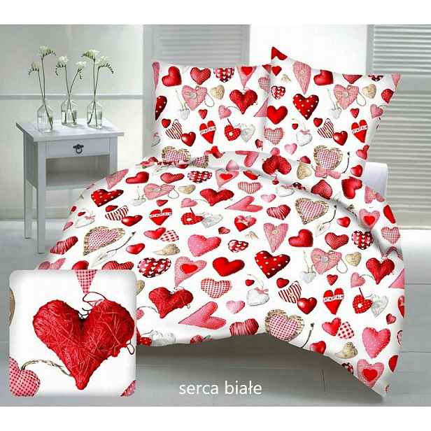 Krepové povlečení 160x200 bílá červená valentýnská srdíčka na knoflíky