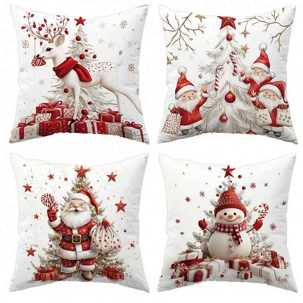 TEMU 4 ks, Vánoční motiv, s sněhuláka, Santa , vánočního trpaslíka, prvků vánočního stromku, 17.72 palců * 17.72 palců, vhodné pro dekoraci pohovky,