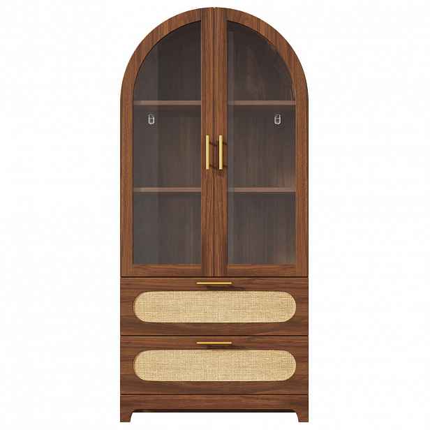 Urban Meuble HIGHBOARD v dekoru ořech se sklem a PE ratanem, obloukový design se 2 zásuvkami