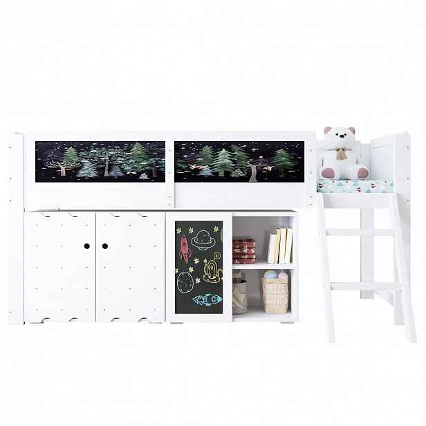 CHICFURN VYVÝŠENÁ POSTEL 90/200 cm v bílé a černé barvě se skříňkou a tabulí