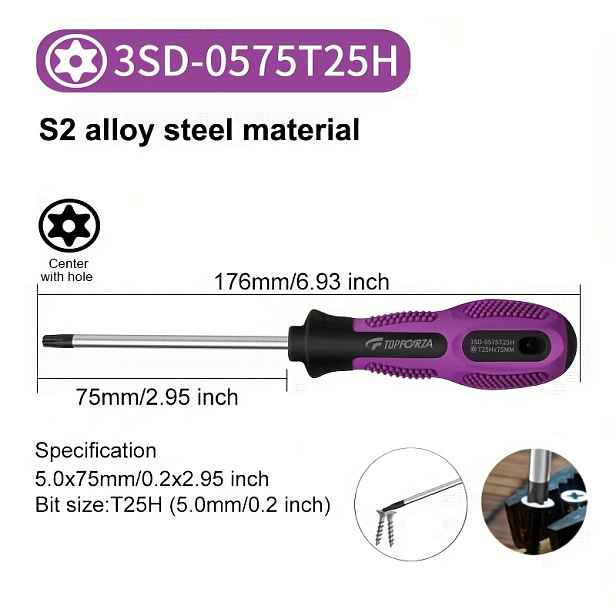 TEMU TOPFORZA Torx šroubovák, S2 legovaná ocel, bezpečnostní šroubovák s otvorem pro šrouby typu "slunečnice", magnetický šroubovák, specifikace