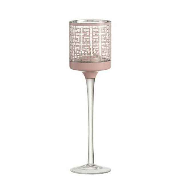 Růžový skleněný svícen na nožičce s ornamenty - Ø 7*25cm J-Line by Jolipa