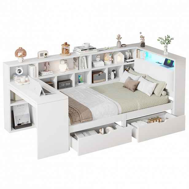 Redom POSTEL 90/200 cm s LED osvětlením, USB portem, psacím stolem, knihovnou a úložným prostorem, bílá
