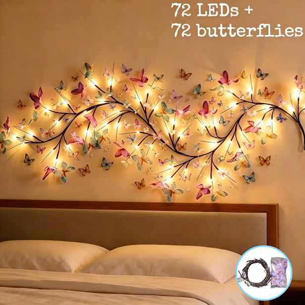 TEMU Sada 144 žárovek s motýlím lemem (72 LED a 72 motýlů), svítící motýlí větvičky, ohebné motýlí světla, LED větvičky, 8 režimů blikání, napájení