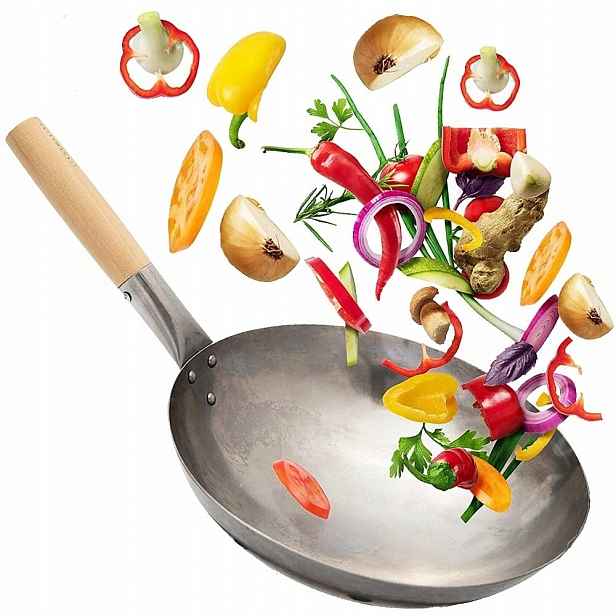 Čínská pánev Wok Ručně Kovaná Ocel Uhlíková Střední 14 palců 35,5 cm Proorient