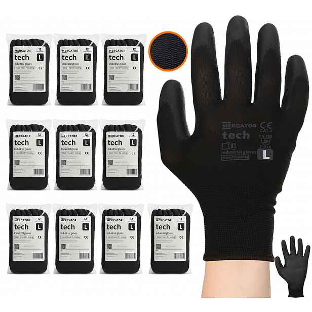 Pracovní Rukavice Poliur Black+black Stahovák Tech Pu Velikost L 120 Párů