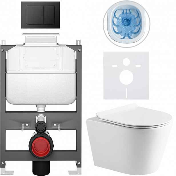 Kompletní WC set Basic/Carlito - bílá lesklá - WC tlačítko Maxio/Černá - ovládání shora - předstěnová instalace - 48,5x36,5 cm