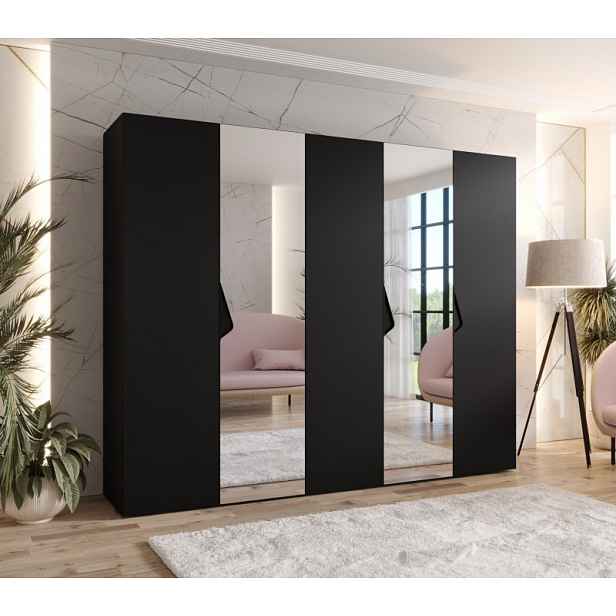 Široká šatní skříň 250 cm AMARIS 2 se zrcadlem - černá / černé úchyty