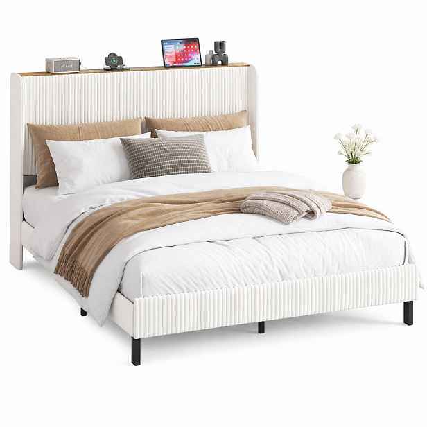 CHICFURN ČALOUNĚNÁ POSTEL 160/200 cm v béžové a krémové manšestrové látce s prošívaným čelem