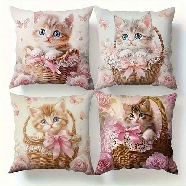 TEMU 4ks Roztomilý kočičí v košíku, polštářový kryt, sada - Sweet Decor Jednostranný tisk Domácí dekorace Pohovka Polštářová košilka, čtvercový