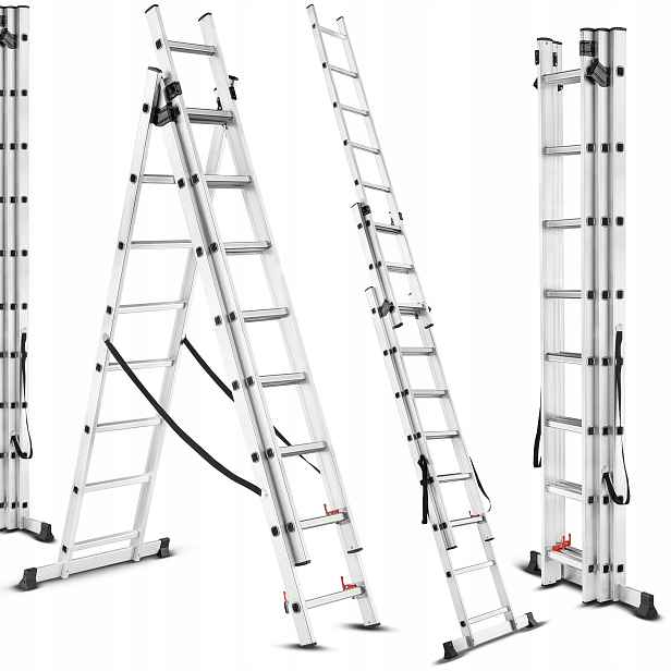 Žebřík 3x8 stupňů Víceúčelový Univerzální 150 kg 5,86 m Silný