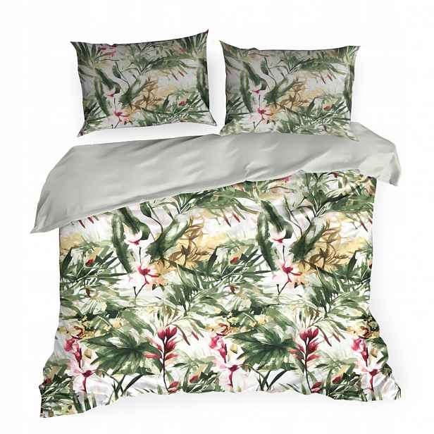 Povlečení Spring 220x200 zelená bílá, tropické listy, květy