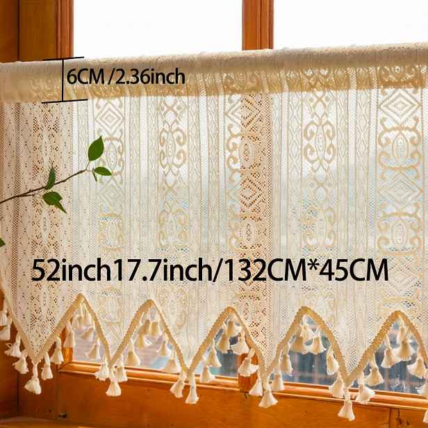 TEMU 1ks Bohemian Tassel Curtain, Evropská Středovýchodní Dekorativní Krátká Závěs Kuchyně, Ložnice, Obývací Pokoj, Poloprůhledný Polyester 100% Rod