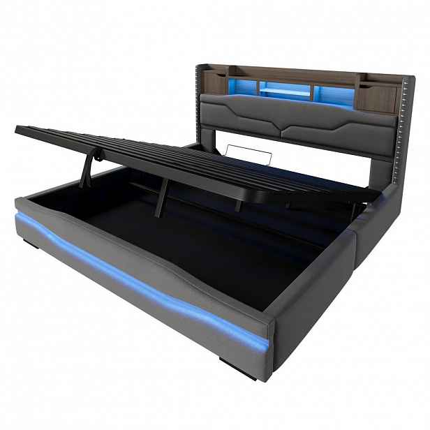 Redom ČALOUNĚNÁ postel 180/200 cm s LED osvětlením, USB-C portem a hydraulickým úložným prostorem, Šedá