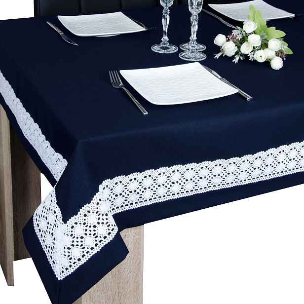 Odolný ubrus s krajkou Sewilla 350x140, tmavě modrý