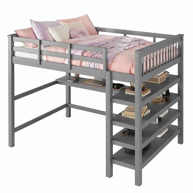 STILVORA PATROVÁ POSTEL 140/200 cm, šedá, se stolem a přihrádkami, borovice a MDF, minimalistický design