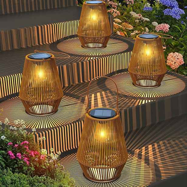 Zahradní solární lampy Ratanové lucerny IP65 Teplé světlo Sada 4ks